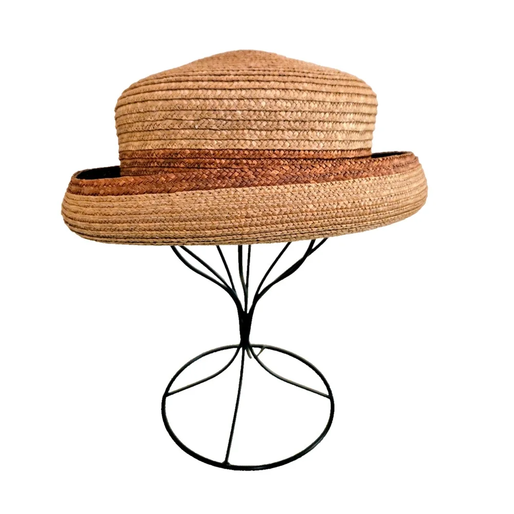 Liz Claiborne Natural Woven Straw Bowler Hat One Size Rolled Brim Vintage 1996